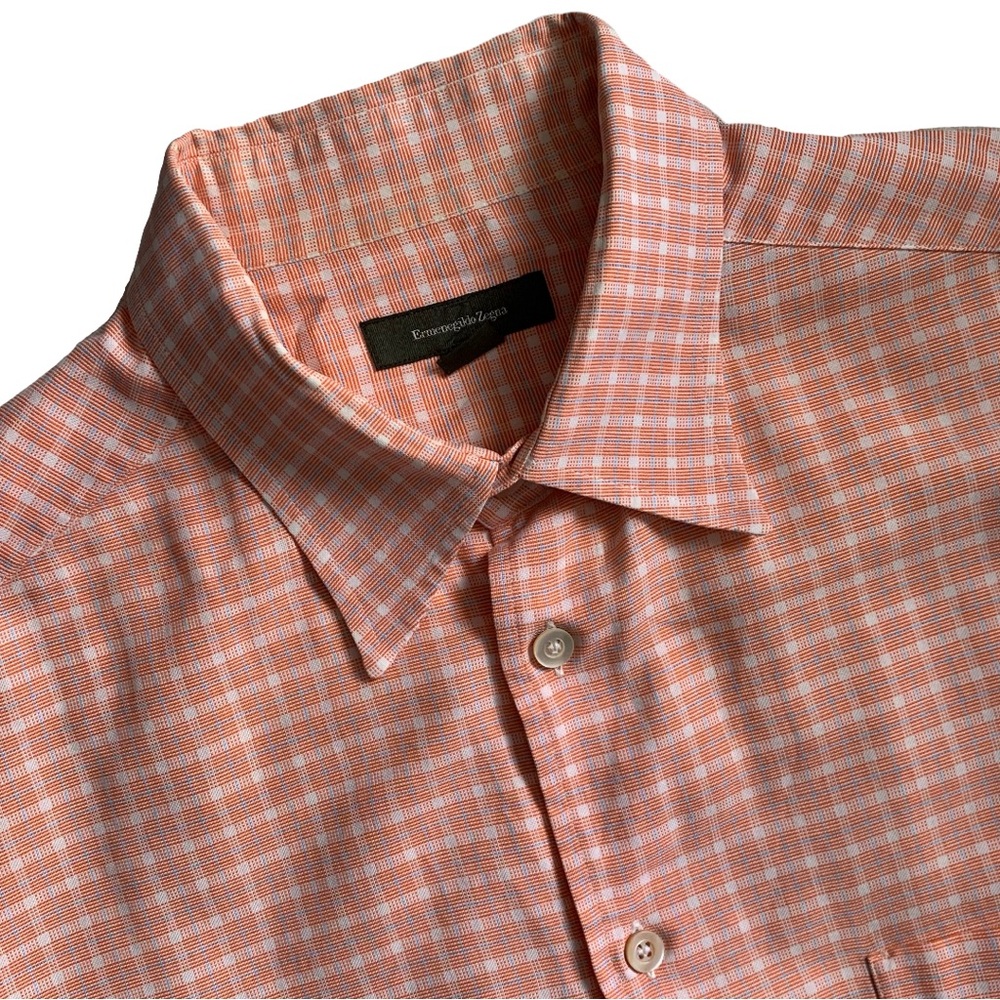 Ermenegildo Zegna Checkered Button Up Long Sleeve Orange Dress Shirt Size XL